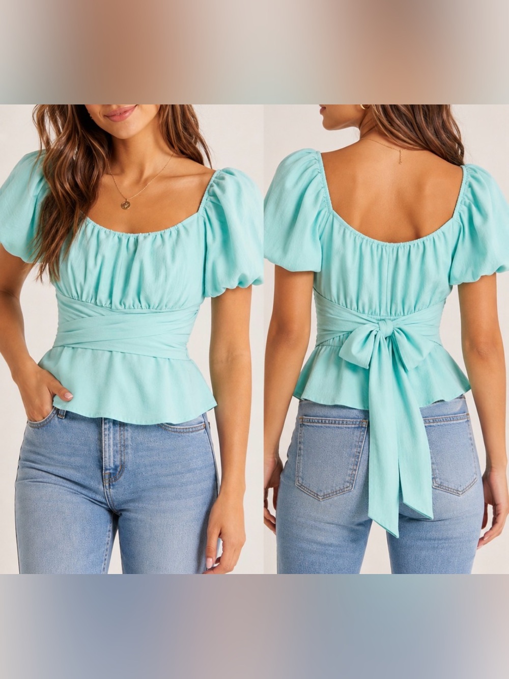 Altar’d State Mint Puff Sleeve Wrap Tie Top Size Medium NWT
